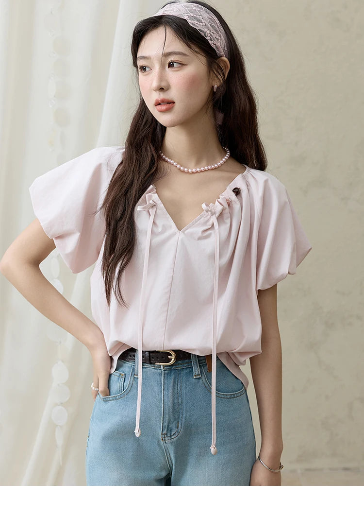 MISHOW V-Neck Puff Sleeve Blouse Beaded Retro Top MXE33X1757