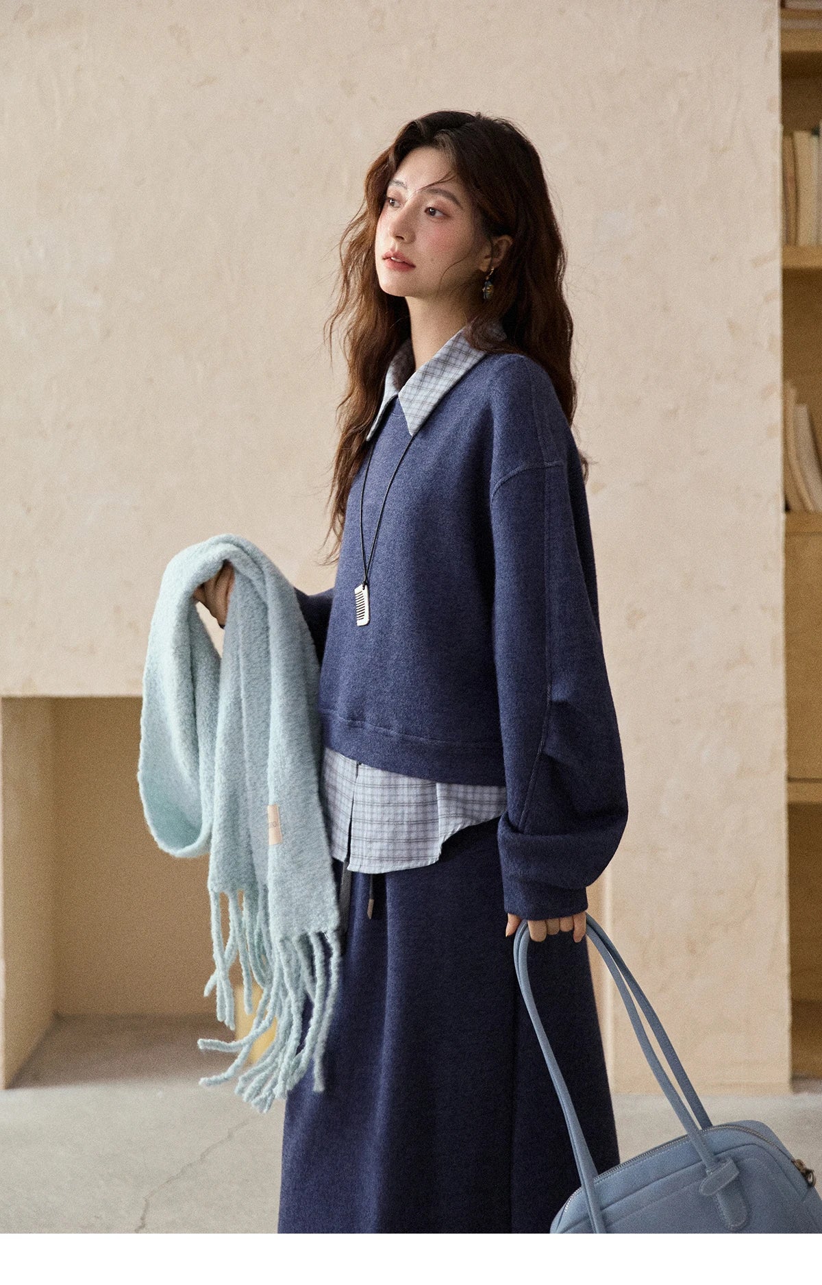 Mishow Blue Plaid Knit Top & Straight Skirt Set MXE87T1445