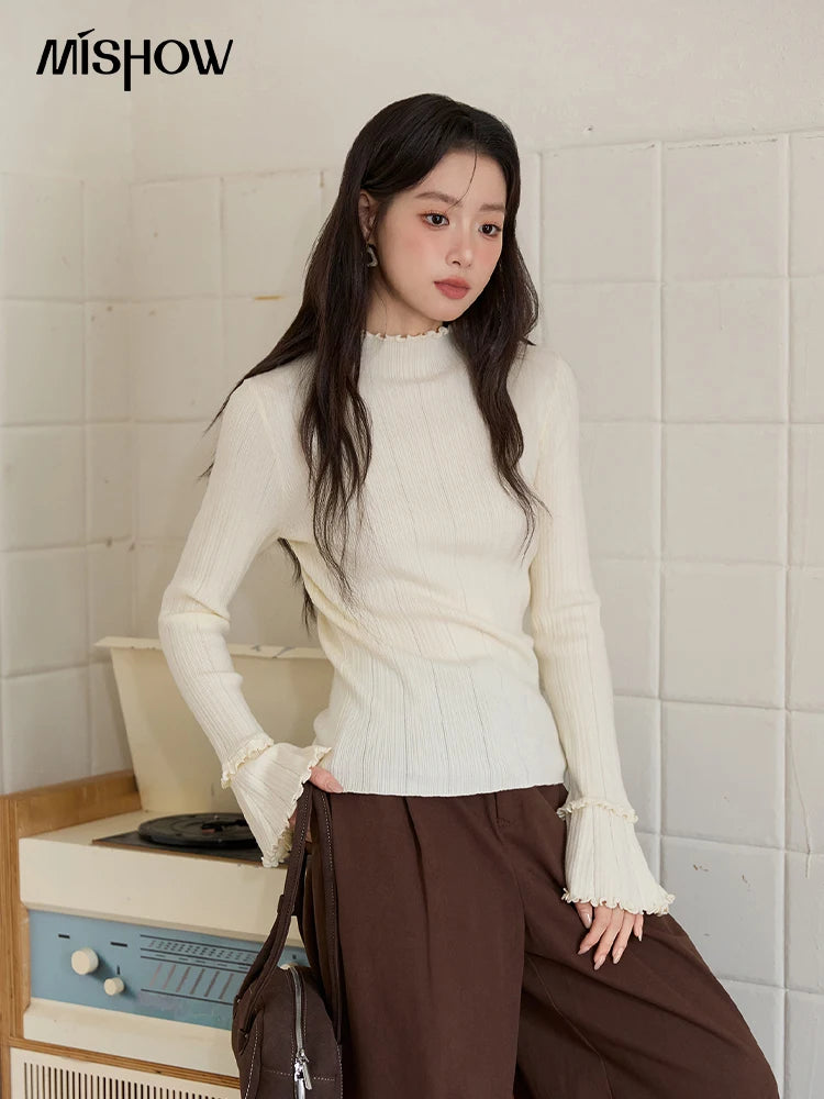 Mishow Turtleneck Wood Ear Trumpet Sleeve Top MXE51Z2552