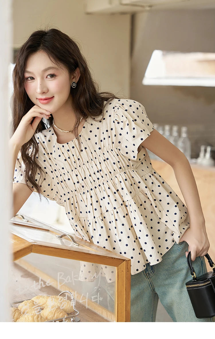 MISHOW Polka Dot Blouse Flying Sleeve O Neck Elastic Folds MXC39X1291