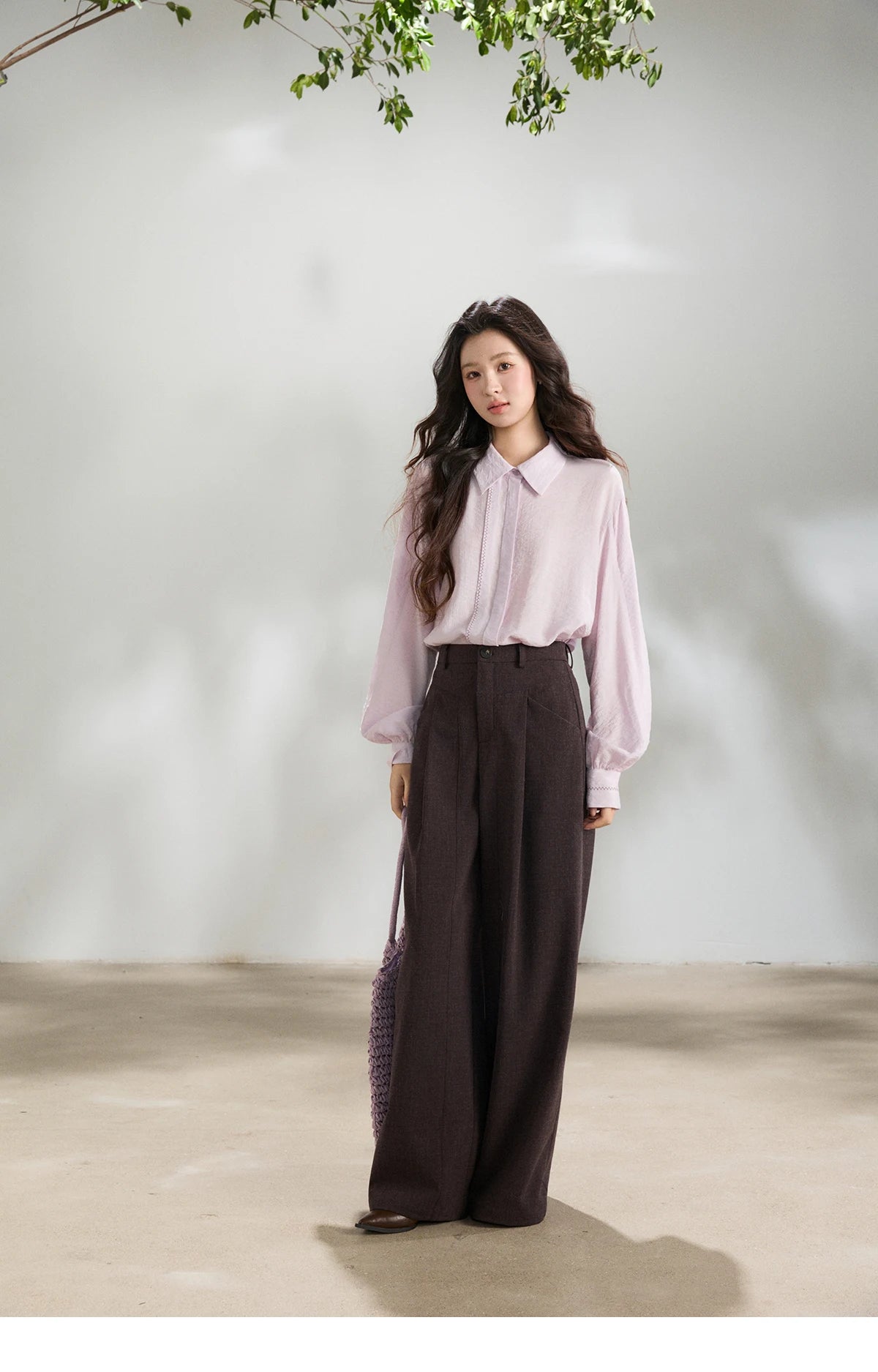 MISHOW Lapel Lantern Sleeve Shirt Lace Trim Loose MXF13C2436