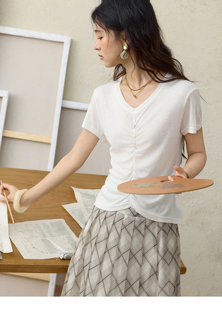 Mishow V-Neck Front Elastic Shell Button Tee MXE34T0560