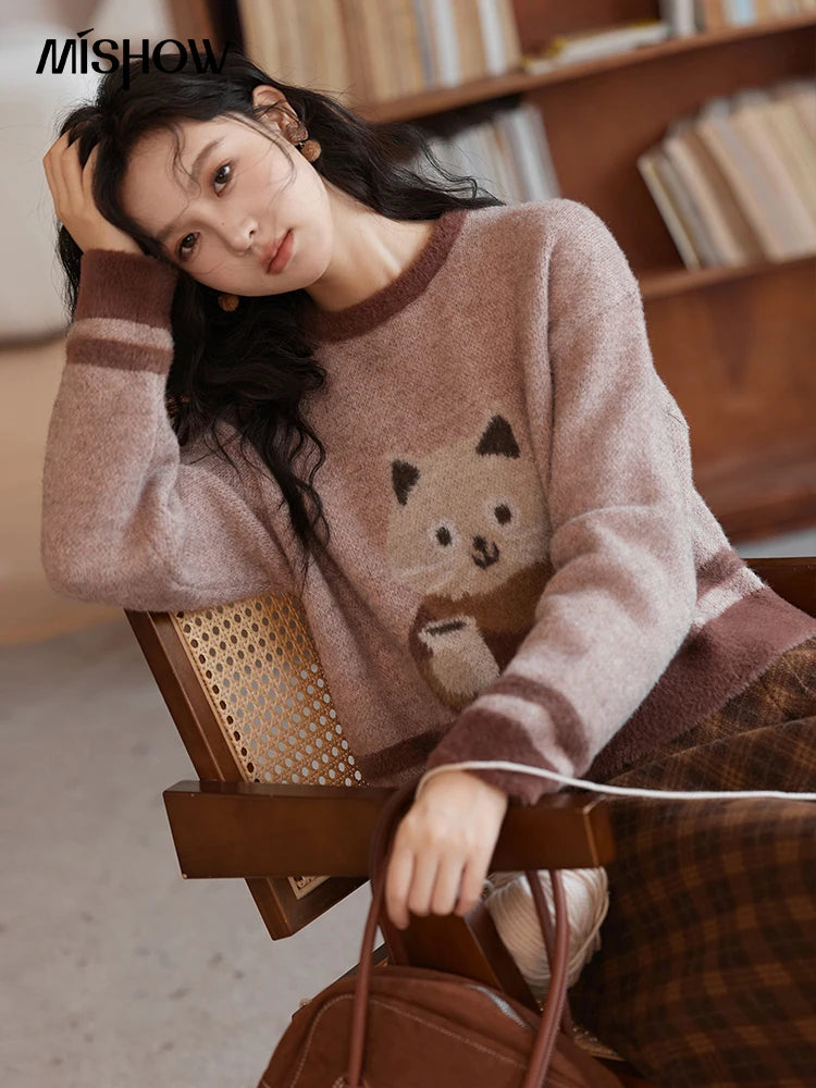 Mishow Faux Sable Cartoon O-Neck Loose Pullover MXD45Z0860