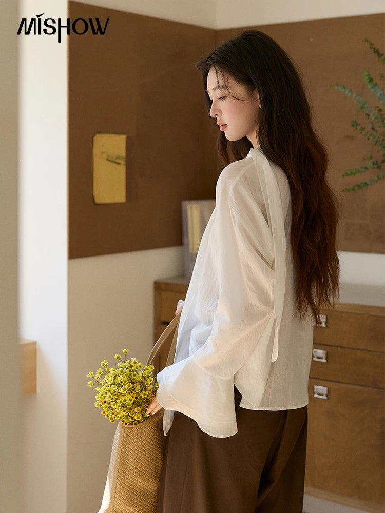 MISHOW Ruffle Trim Chiffon Blouse Detachable Scarf MXF108X0999