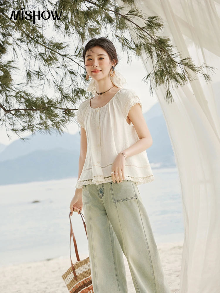 MISHOW Embroidered French Shirt Round Neck Short Sleeve MXE33X1744