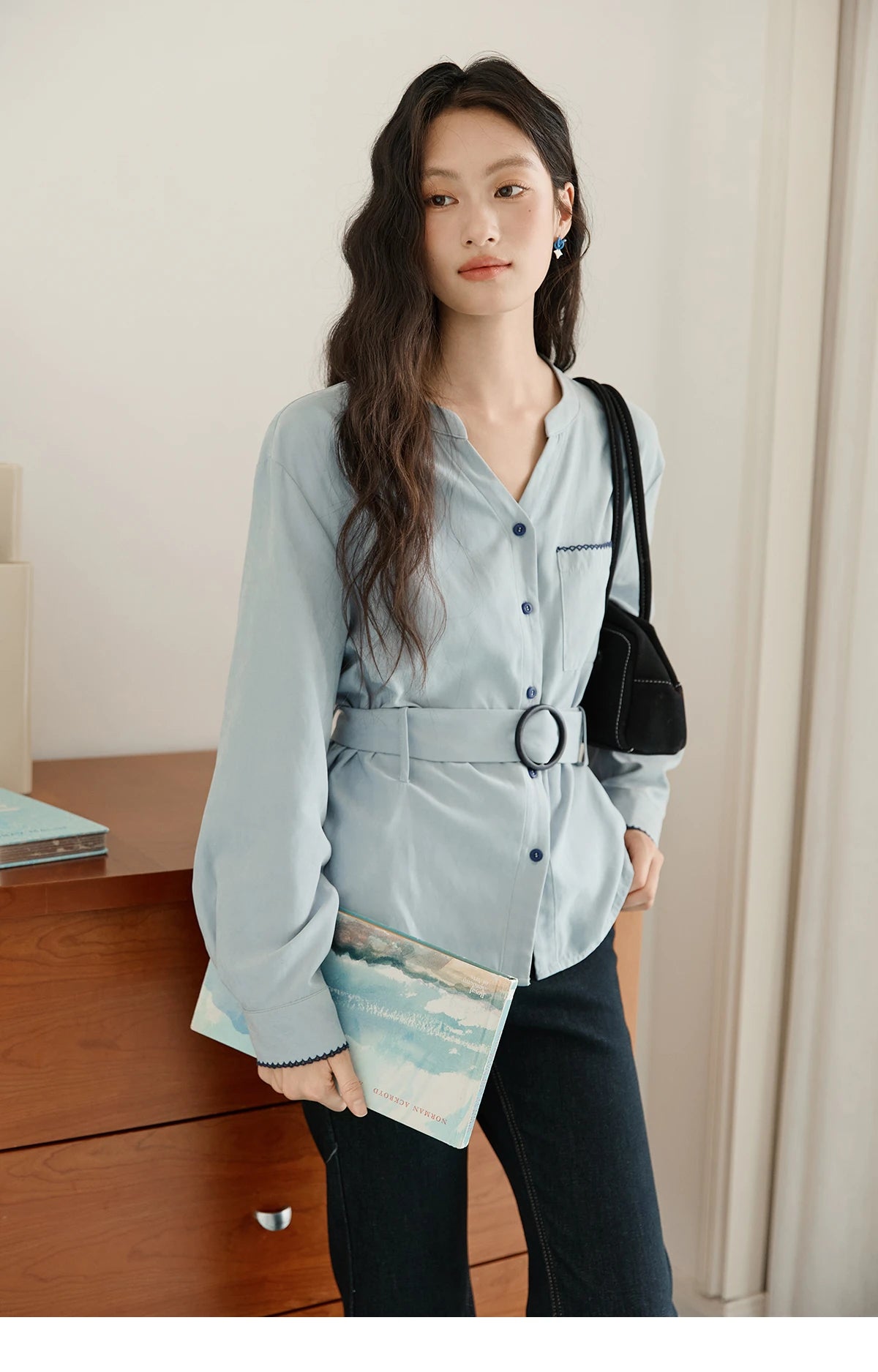 MISHOW Haze Blue Velvet Shirt Contrast Color Waist Sash MXE47X2497