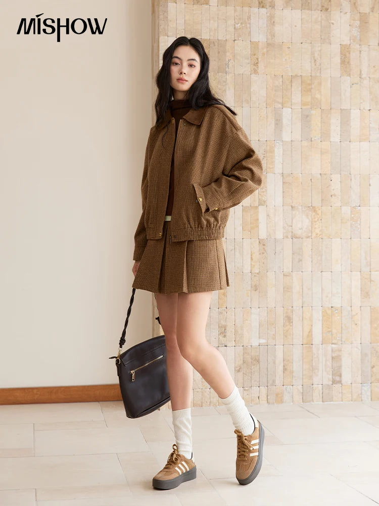 Mishow Plaid Zipper Jacket & Mini Pleated Skirt Set MXE49T1393
