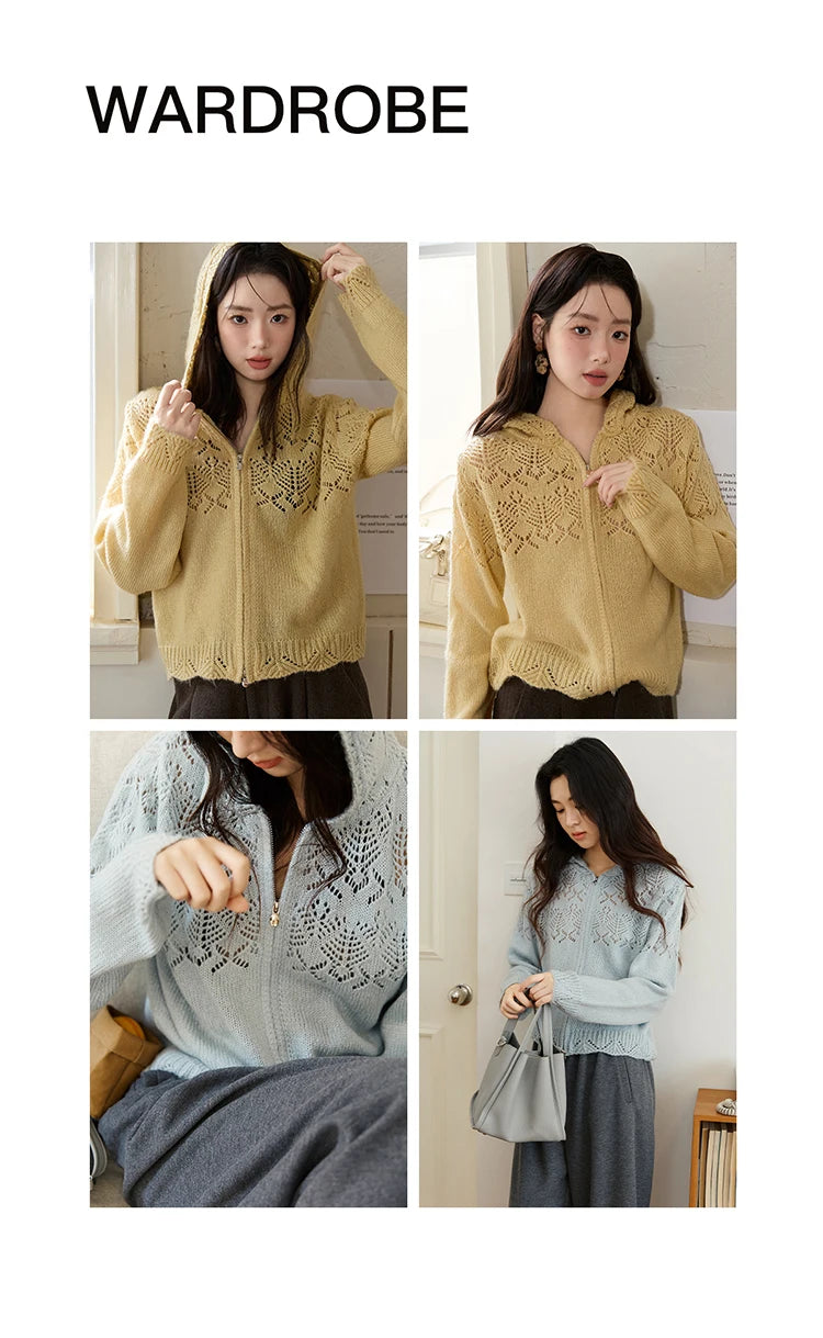 Mishow Yellow Hooded Zipper Hollow Cardigan MXE46Z2584