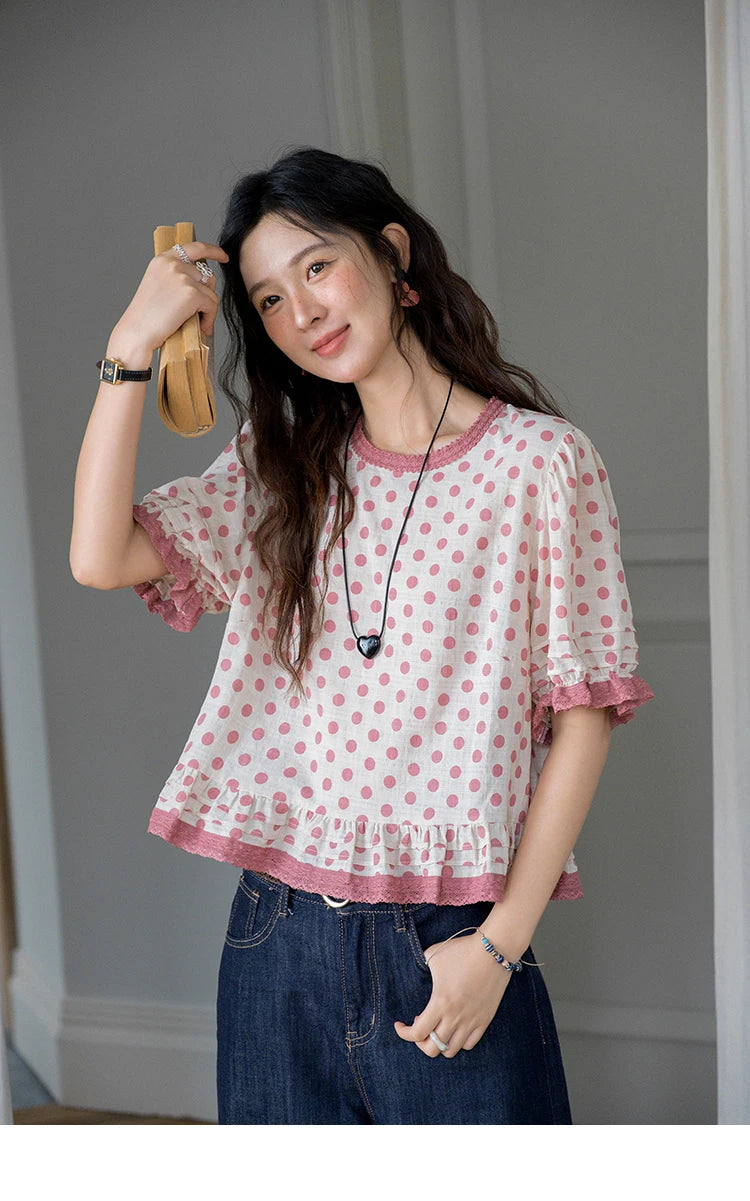 MISHOW Pink Polka Dot Puff Sleeve Blouse MXE37X1900