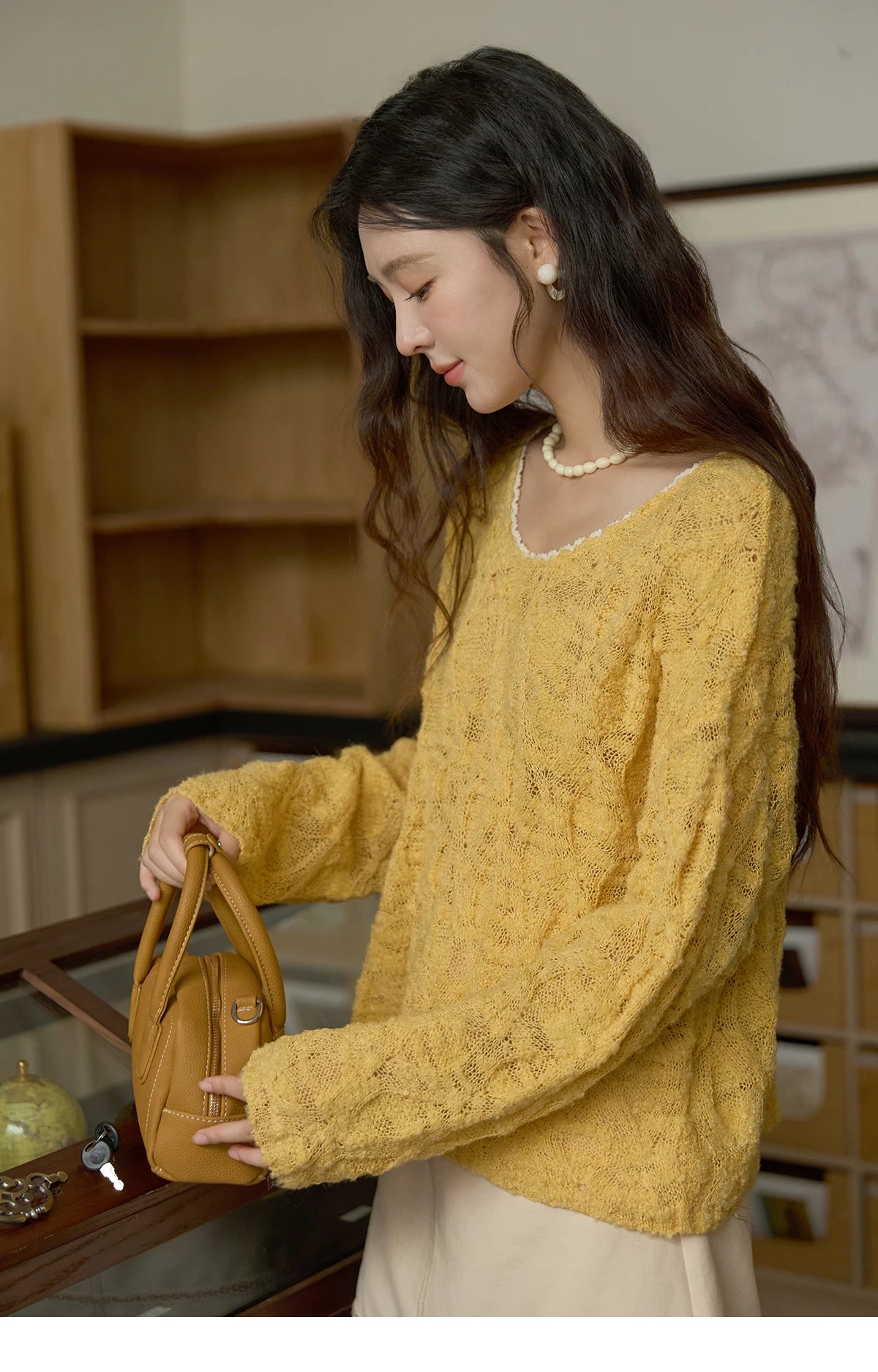 Mishow Bamboo Loop Yarn Hollow V-Neck Lace Sweater MXE43Z1349