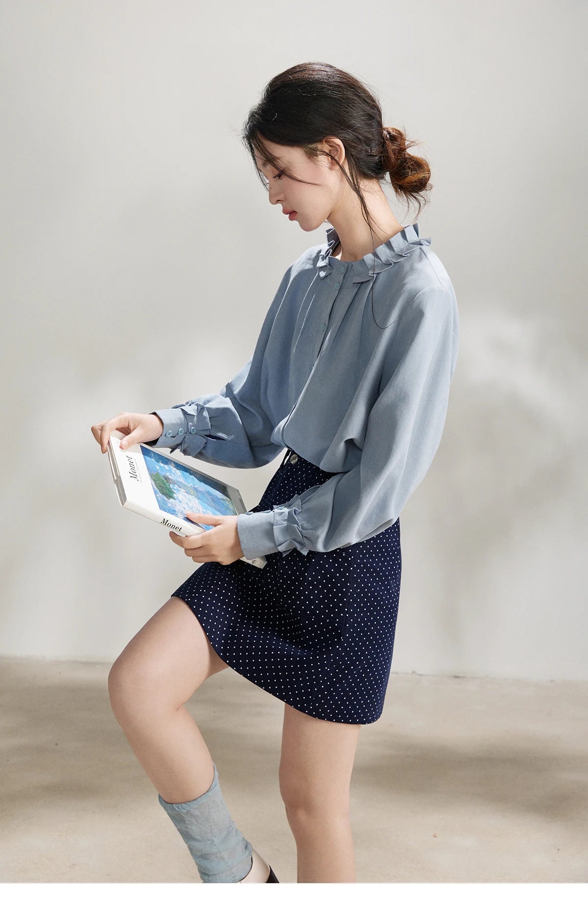 MISHOW Peach Skin Solid Shirt Ruffled Crew Neck MXF11C2431