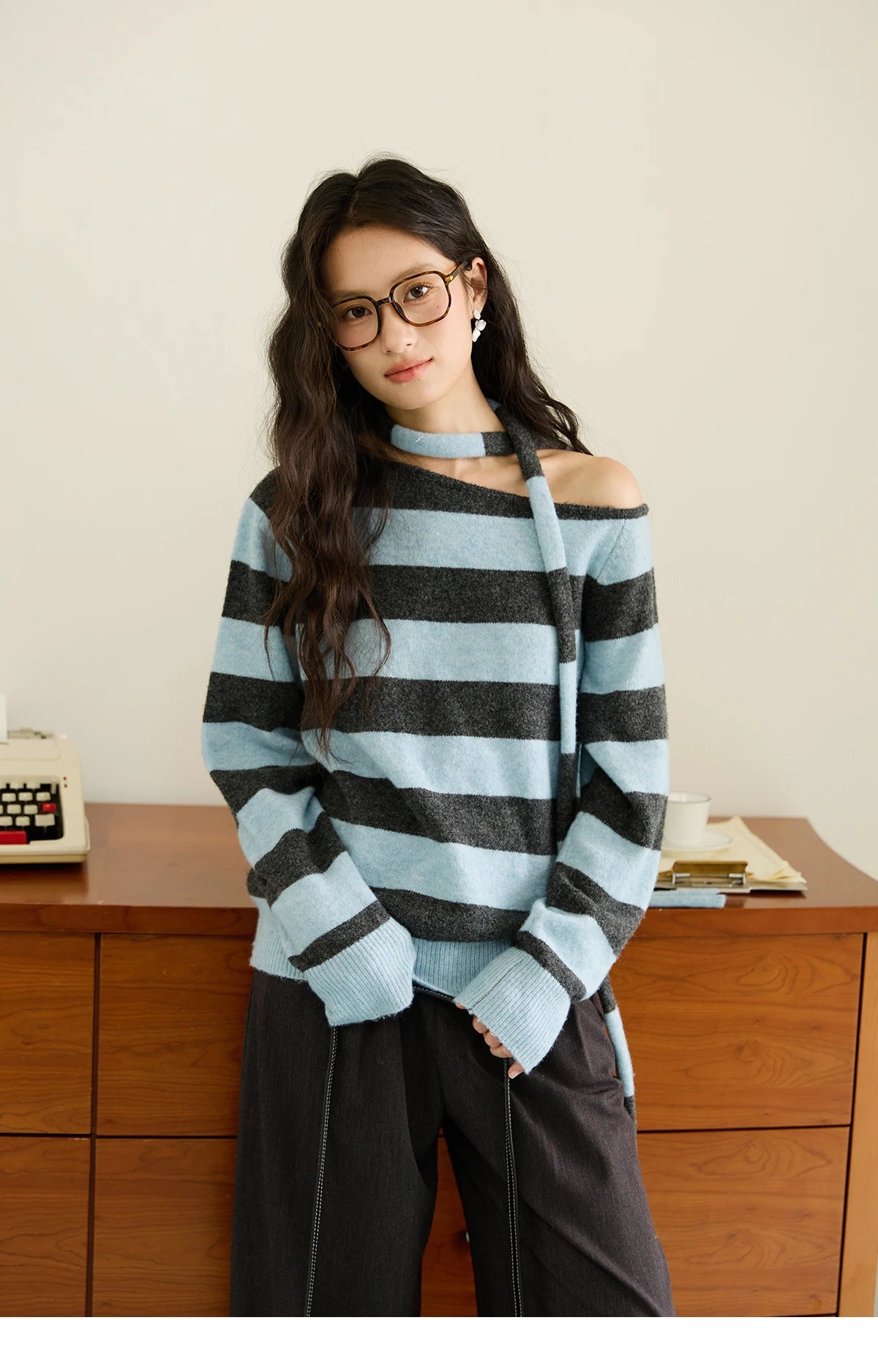 Mishow Blue Gray Slanted Shoulder Ribbon Sweater MXE46Z2540