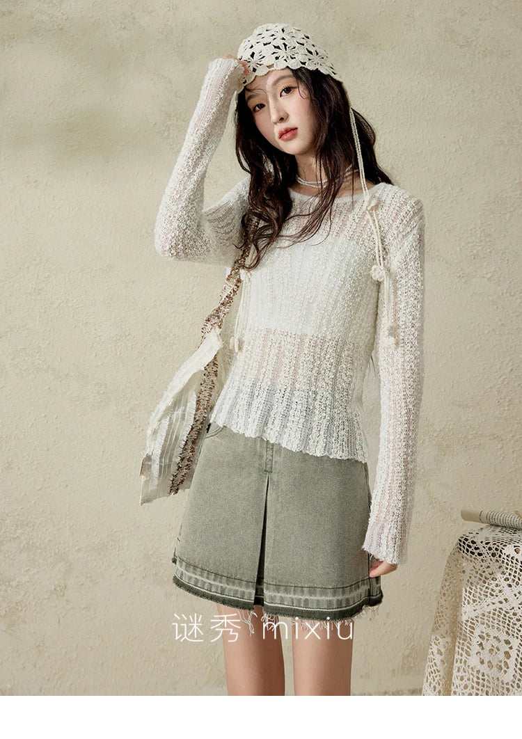 Mishow Apricot White Hollow Mohair Drop Sleeve Top MXE12Z1120