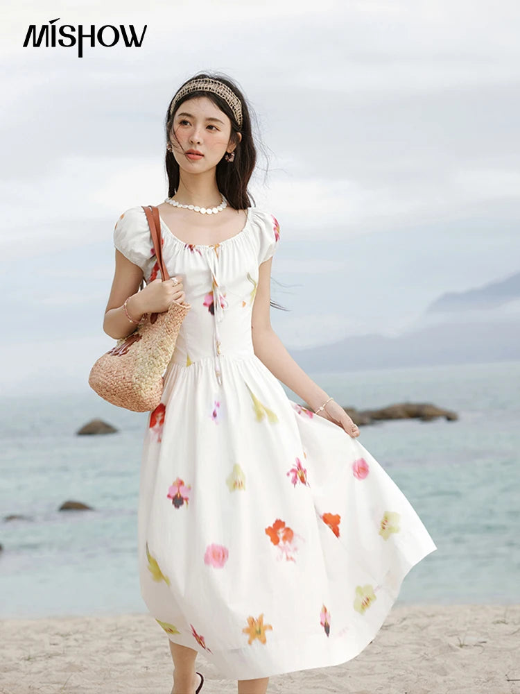 MISHOW Korean Cotton Print Drawstring Dress MXE32L2212