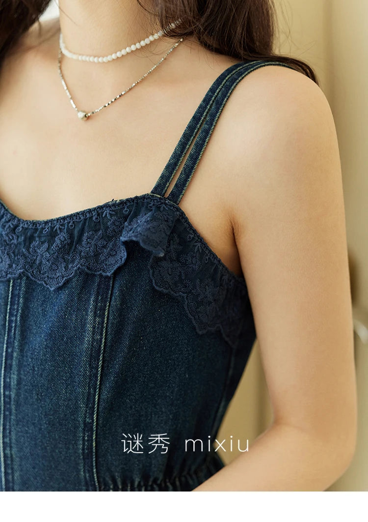 Mishow Denim Camisole Hollowed Out Lace Edge Dress MXE13L2094