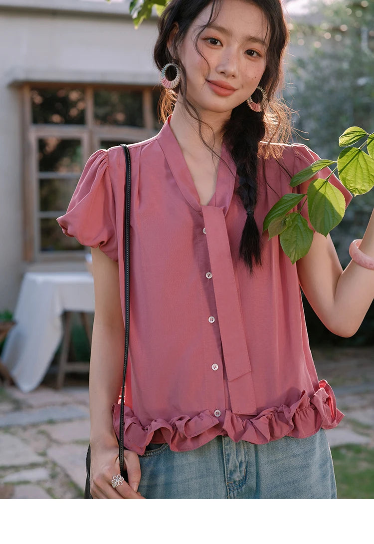 MISHOW V-Neck Puff Sleeve Blouse Lace Up Button Sweet MXE38X1914