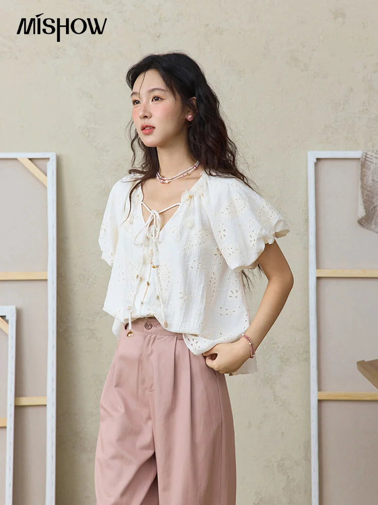 MISHOW Hem Lace Hollow Out Wide Leg Pants High Waist Pink MXE31K0900