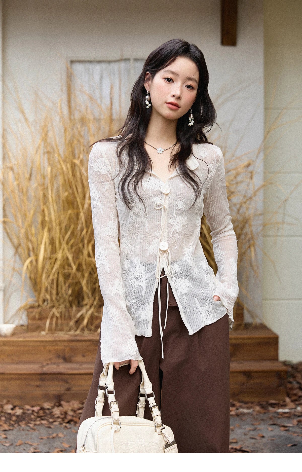 MISHOW White Lace Shirt Flared Sleeves V-Neck MXE49X2511