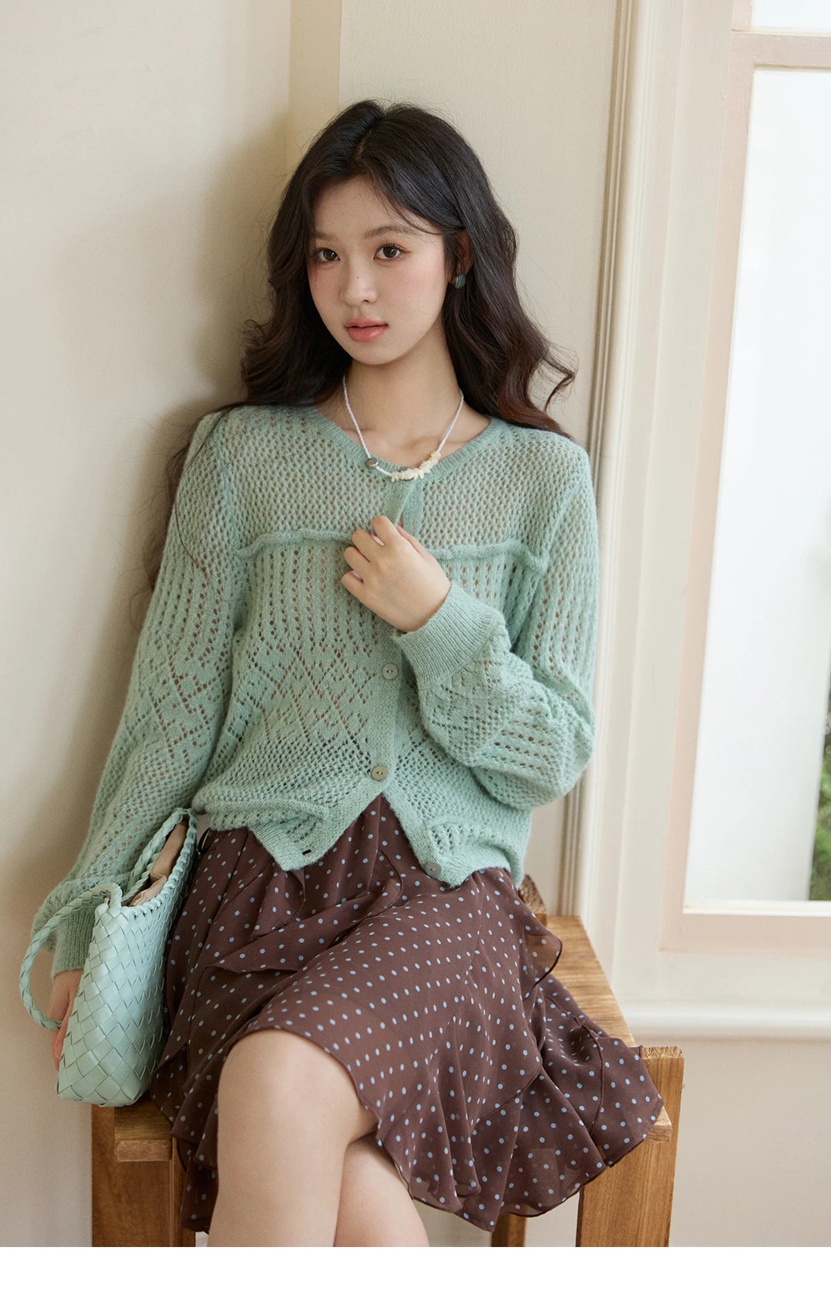 Mishow Mint Green Crew Neck Hollow Cardigan MXF108Z1046