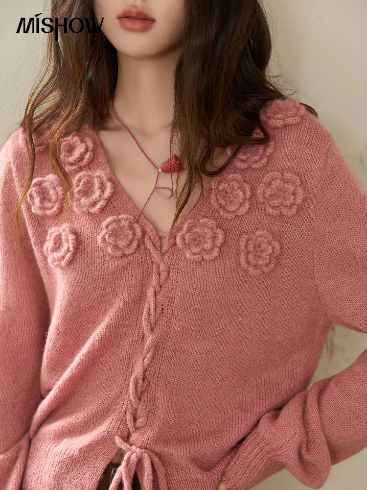 Mishow Pink 3D Rose V-Neck Loose Pullover MXE88Z2708