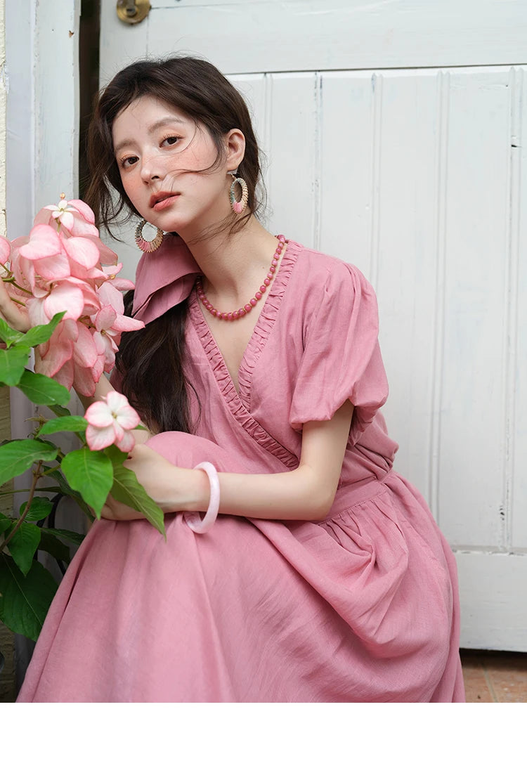 Mishow V-Neck Puff Sleeve Pocket Sash Dress MXE39L2381