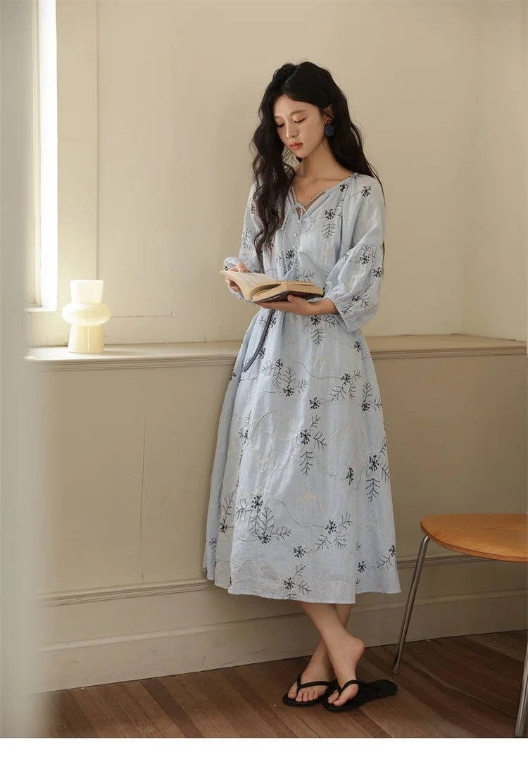 MISHOW Blue Flower Embroidered Lantern Sleeve Dress MXE42L2493