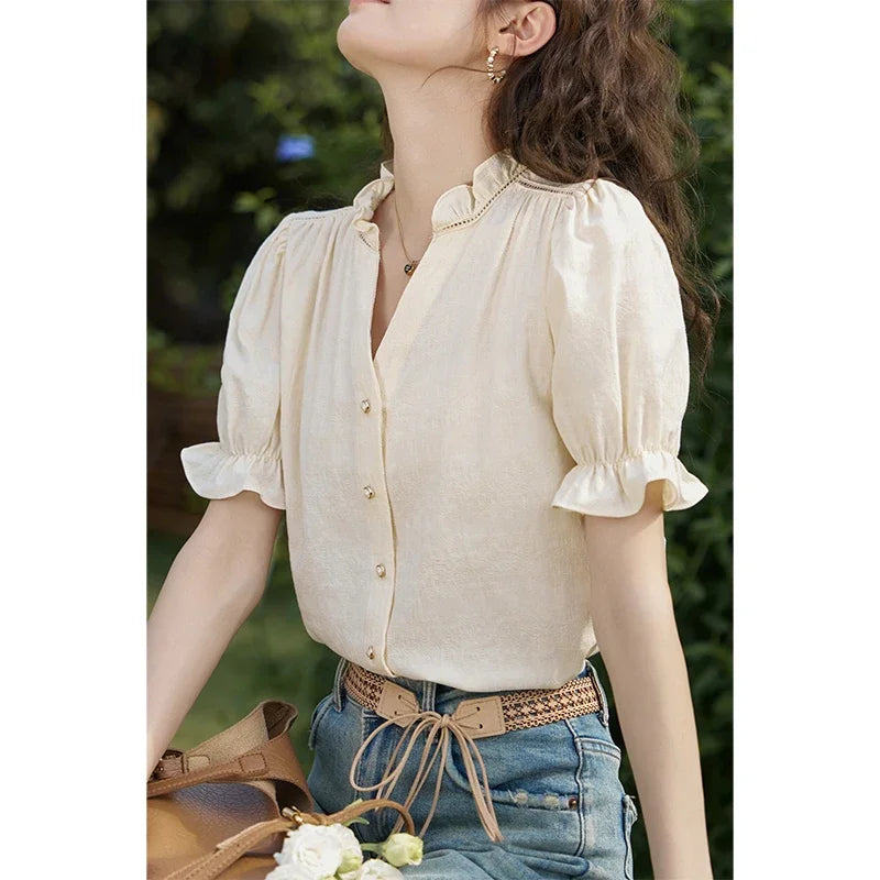 MISHOW Denim Suspender Dress & Puff Sleeve Blouse Set MXD21L1664