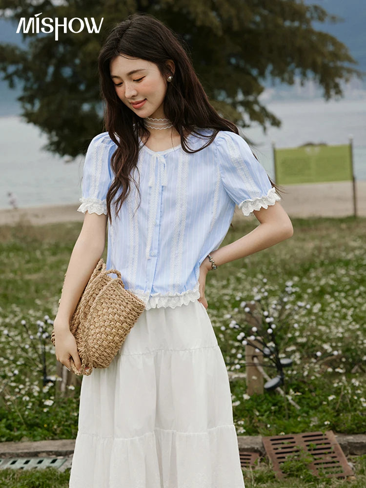 MISHOW Striped Blouse Short Puff Sleeve Lace Patchwork MXE32X1759