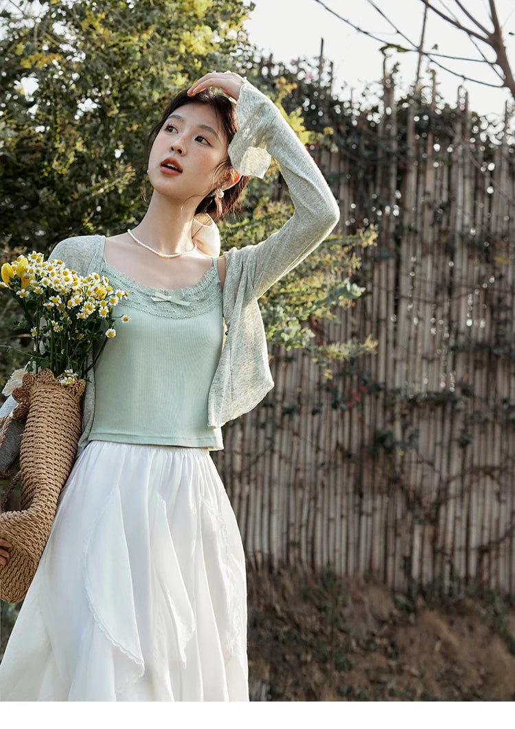 Mishow Light Green Lace Bow Camisole & Cardigan Set MXE15T0504