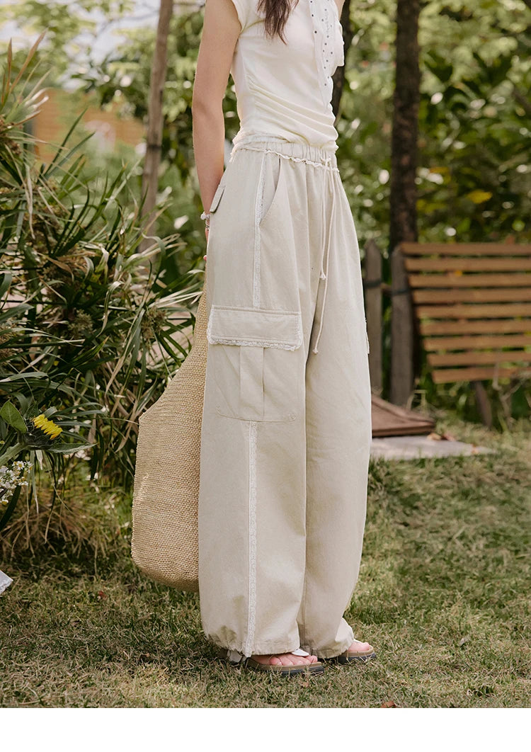 MISHOW Apricot Cargo Pants Lace Patchwork Drawstring Elastic MXE33K0935