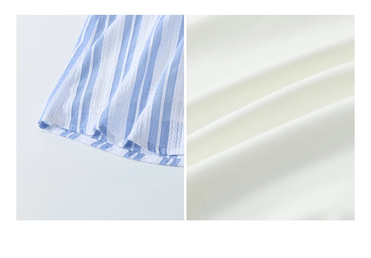 MISHOW Cotton Striped Blouse Lantern Sleeve Lace V-Neck MXE36X1845