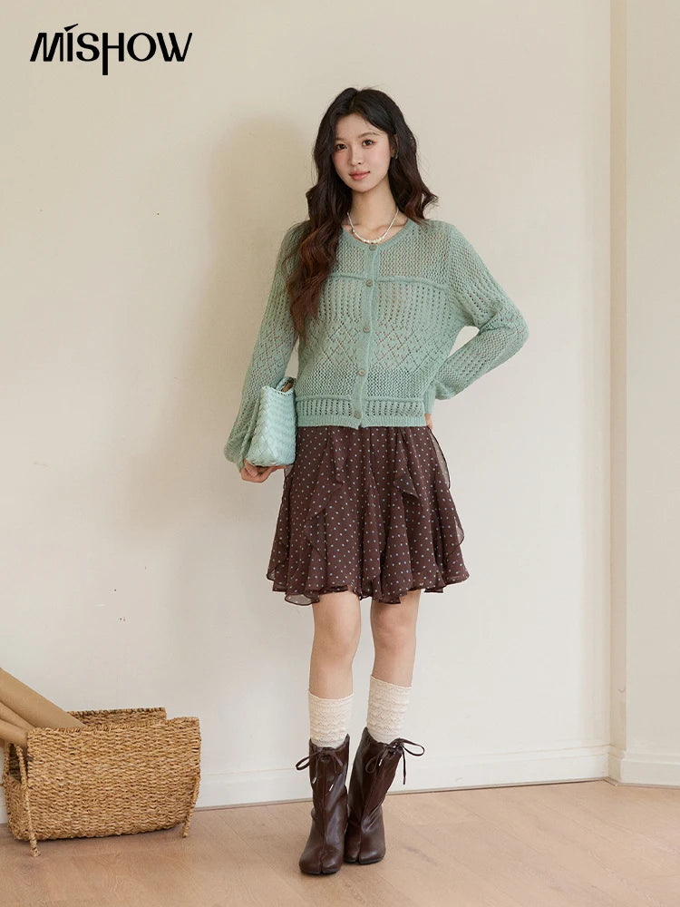 Mishow Brown Polka Dot Ruffled Chiffon Mini Skirt MXF13B2476