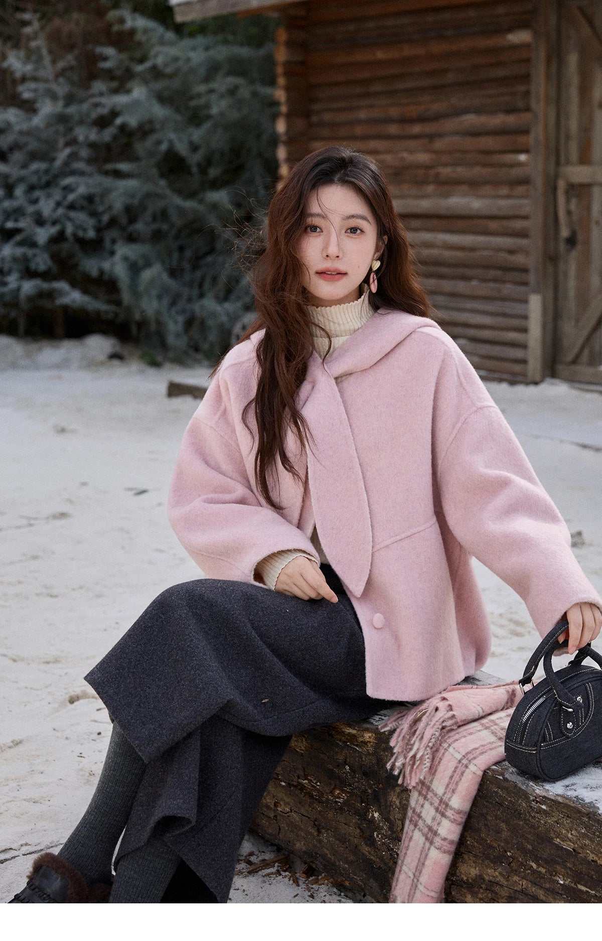 Mishow Pink Wool Hooded Bow Tie Strap Coat MXE91W1010