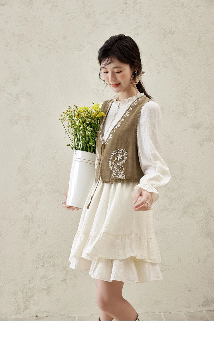 Mishow Solid Long Puff Sleeve Midi Dress & Print Denim Vest Set MXE16L2197