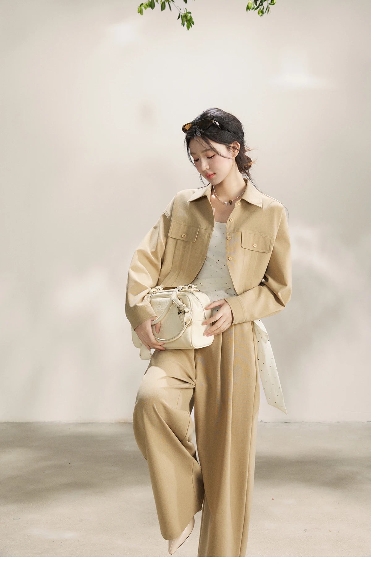 Mishow Khaki Cropped Jacket & Polka Dot Vest & Wide Leg Pants Three-Piece Set MXF13T1478
