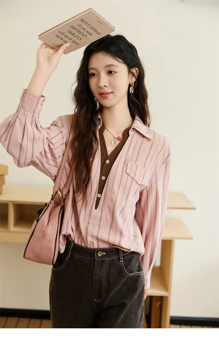 MISHOW Peach Skin Velvet Stripe Shirt Double Layered Collar MXE47C2408
