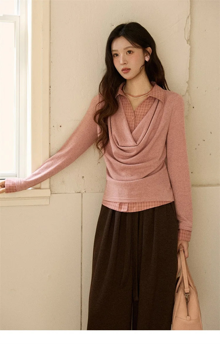 Mishow Pink Faux Two-Piece Plaid Draped Collar Pullover MXE87Z2747