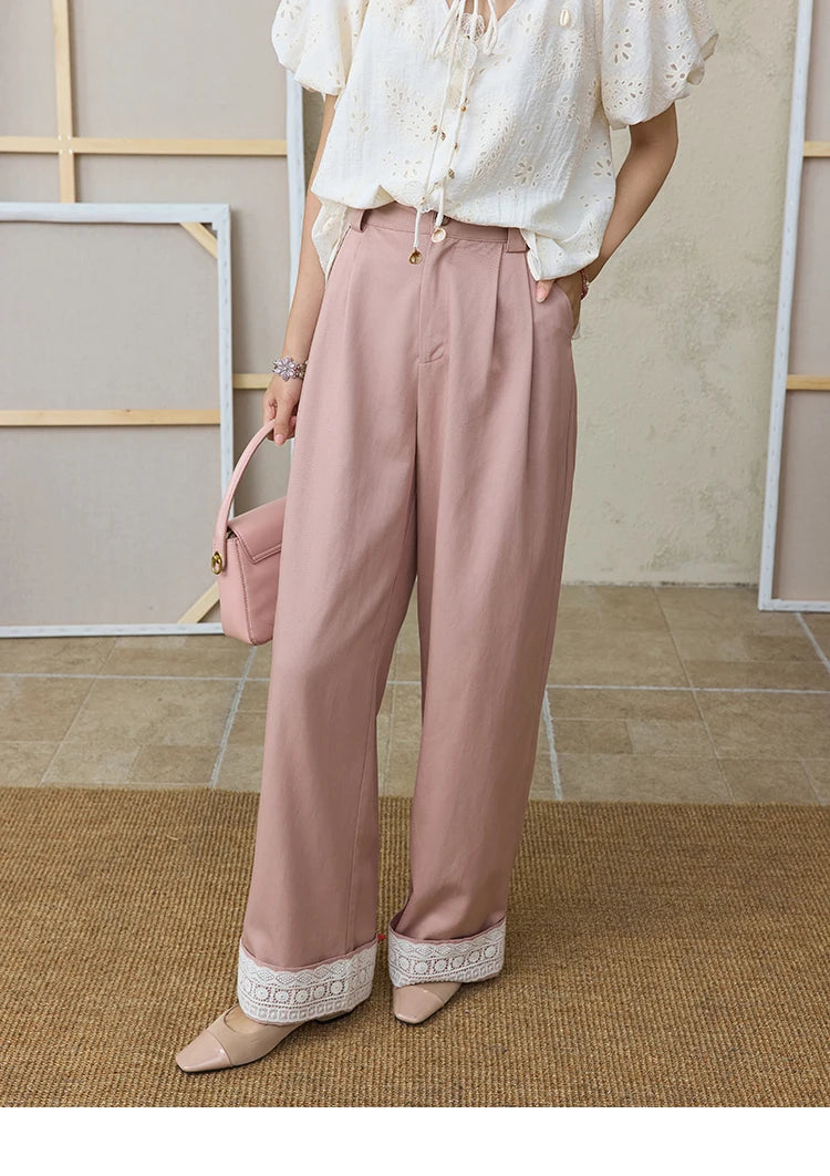 MISHOW Hem Lace Hollow Out Wide Leg Pants High Waist Pink MXE31K0900
