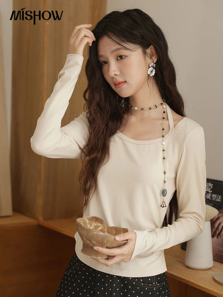Mishow Hanging Neck Strap Pleated Waist Top MXE42T0720