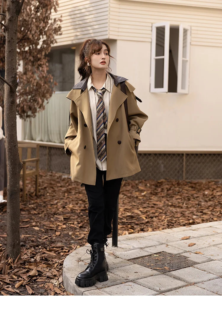 Mishow Polo Collar Patchwork Long Trench Coat MXB33W0399