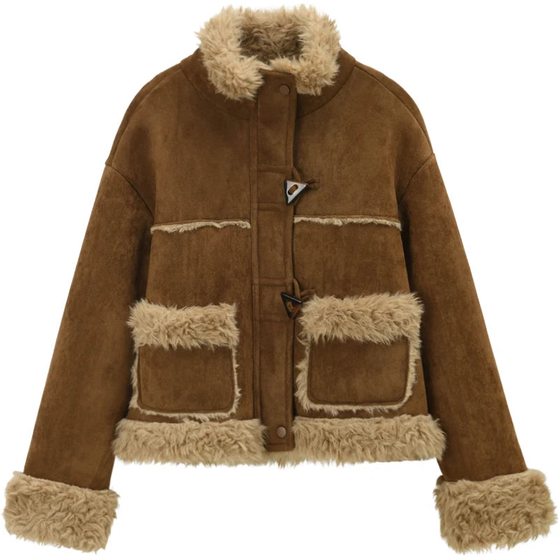 MISHOW Khaki Suede Jacket Stand Collar Zippered Pockets MXE88W0886
