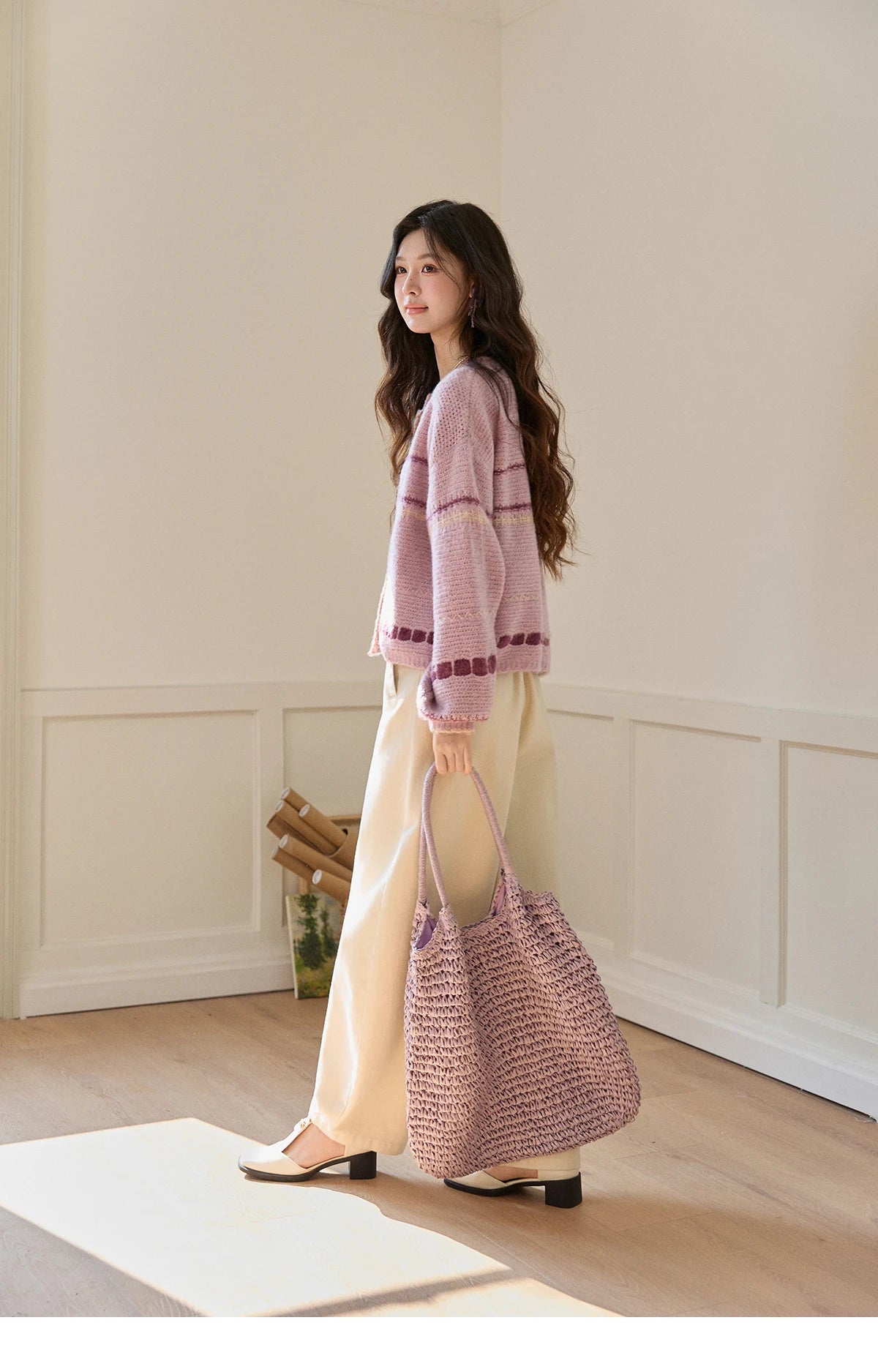 Mishow Lilac Striped Dot Crew Neck Cardigan MXF11Z2897