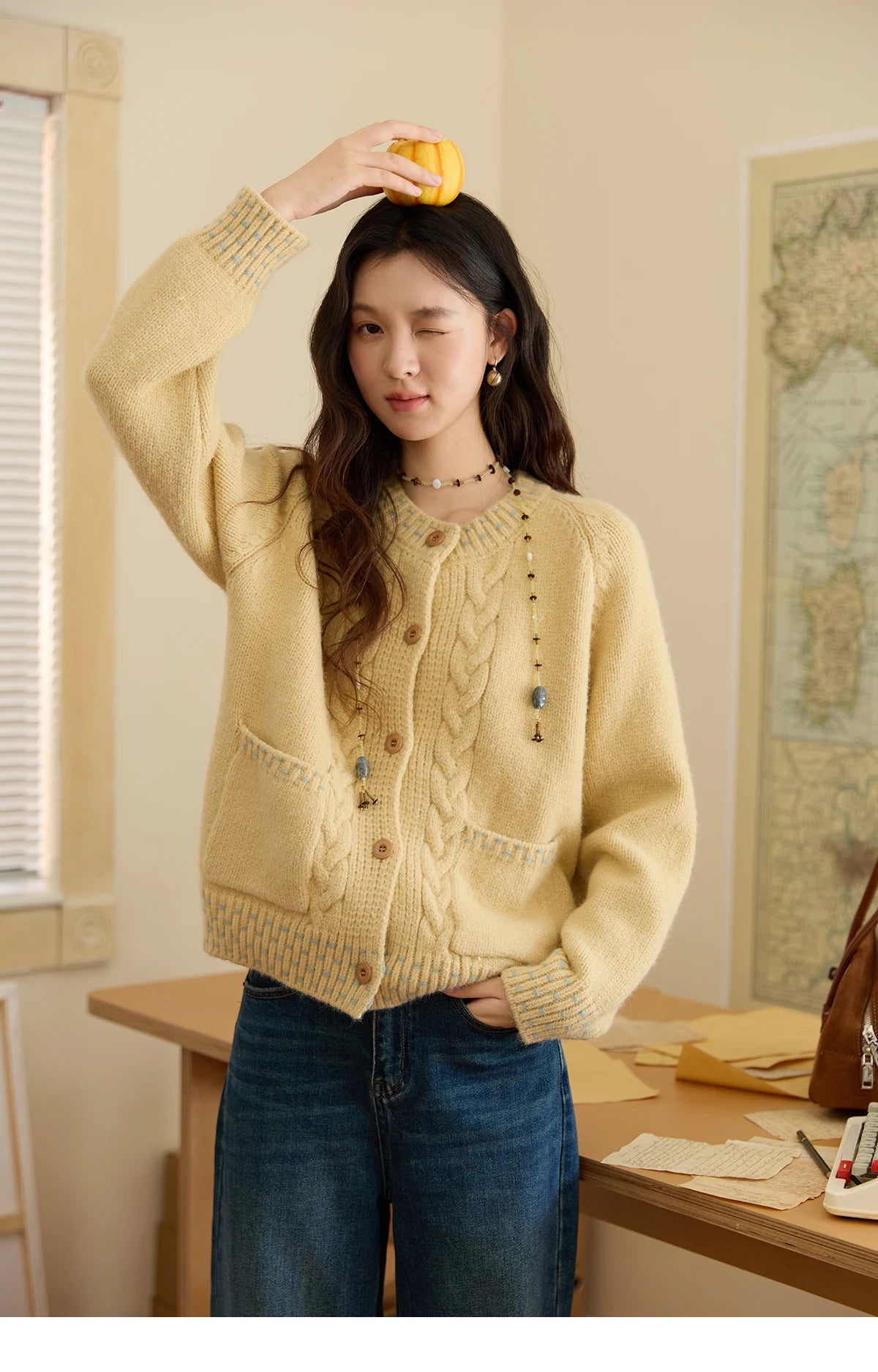 Mishow Yellow Cable Knit Hand-Drawstring Cardigan MXE47Z2566