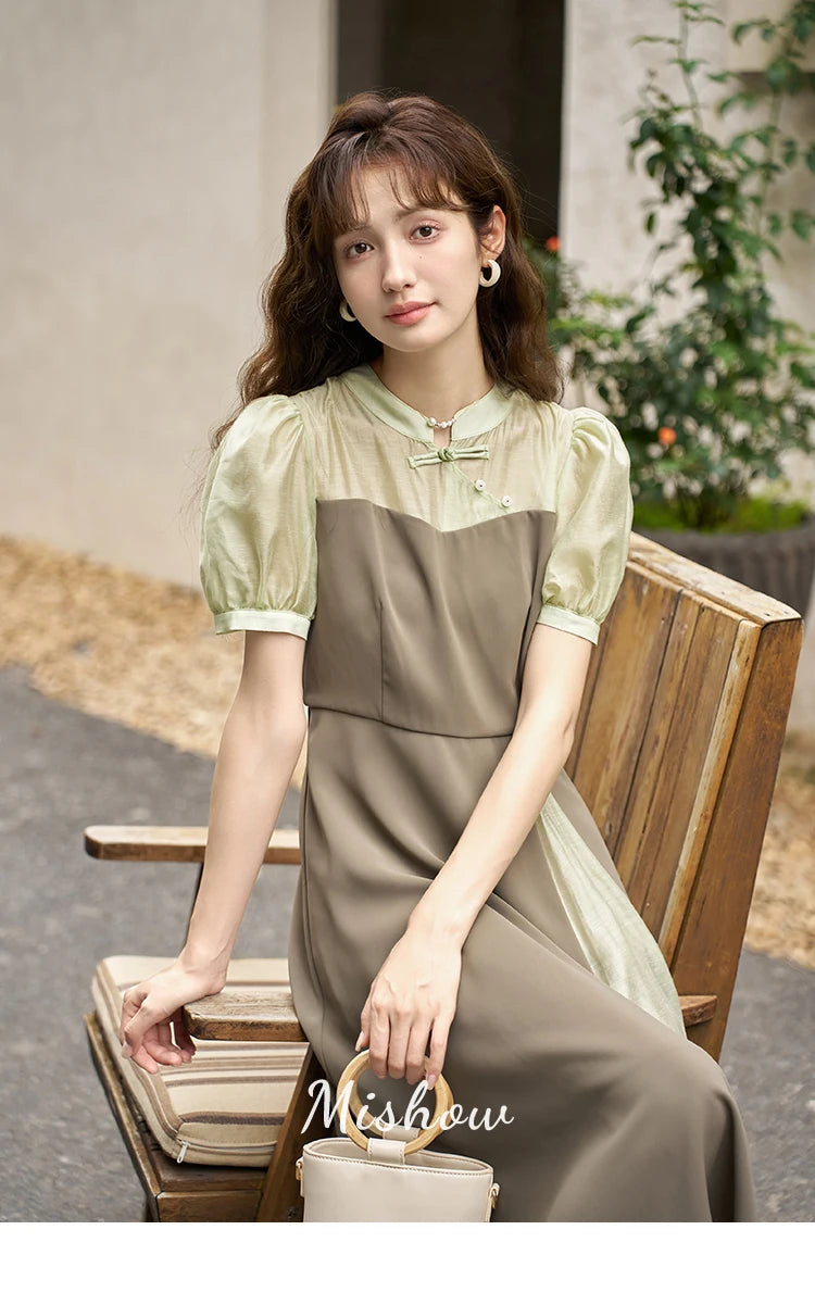 Mishow Chinese Style Puff Sleeve Fake Two-Piece Dress MXC35L1354