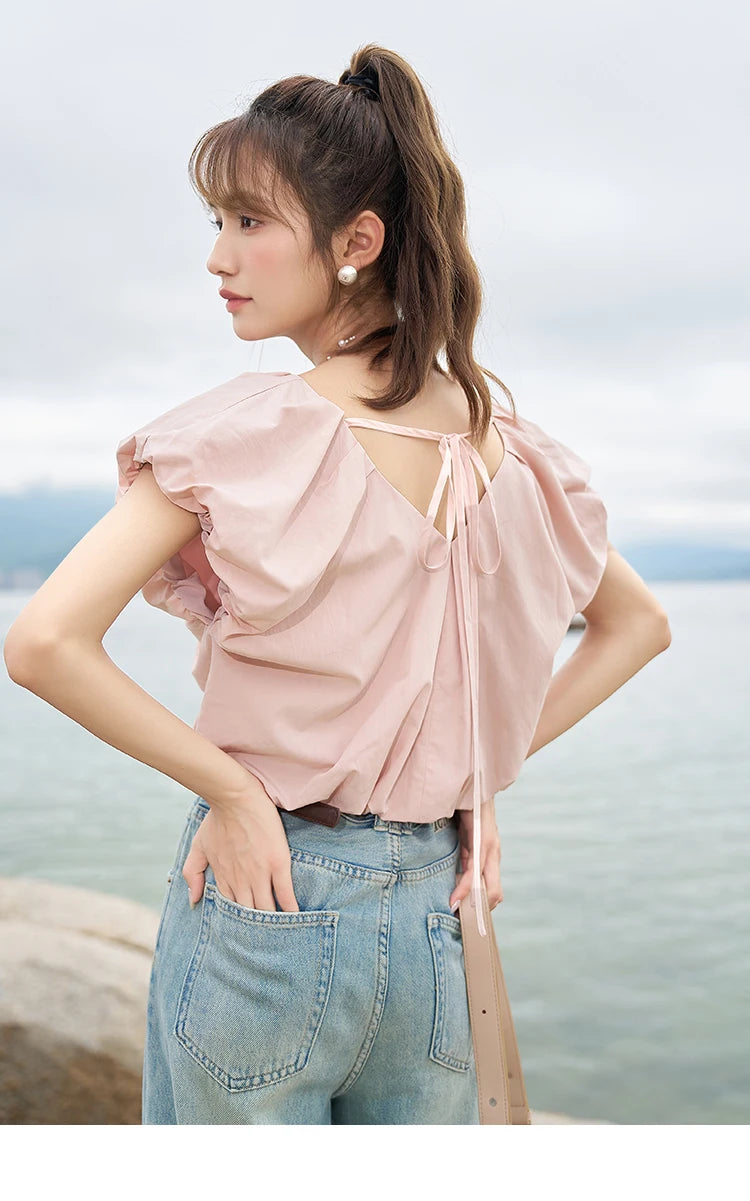 MISHOW French Rear Collar Tie Blouse V-Neck Puff Sleeve MXC38X1275