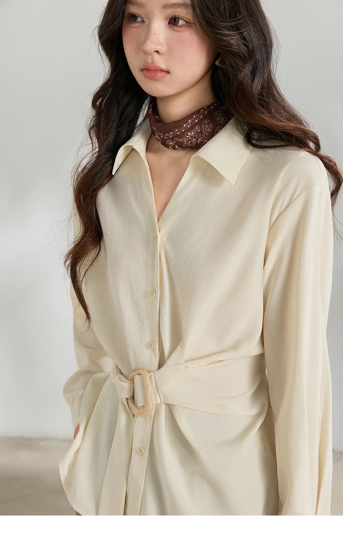 MISHOW Lapel Collar Shirt with Belted Waist Soft Beige MXF13C2452