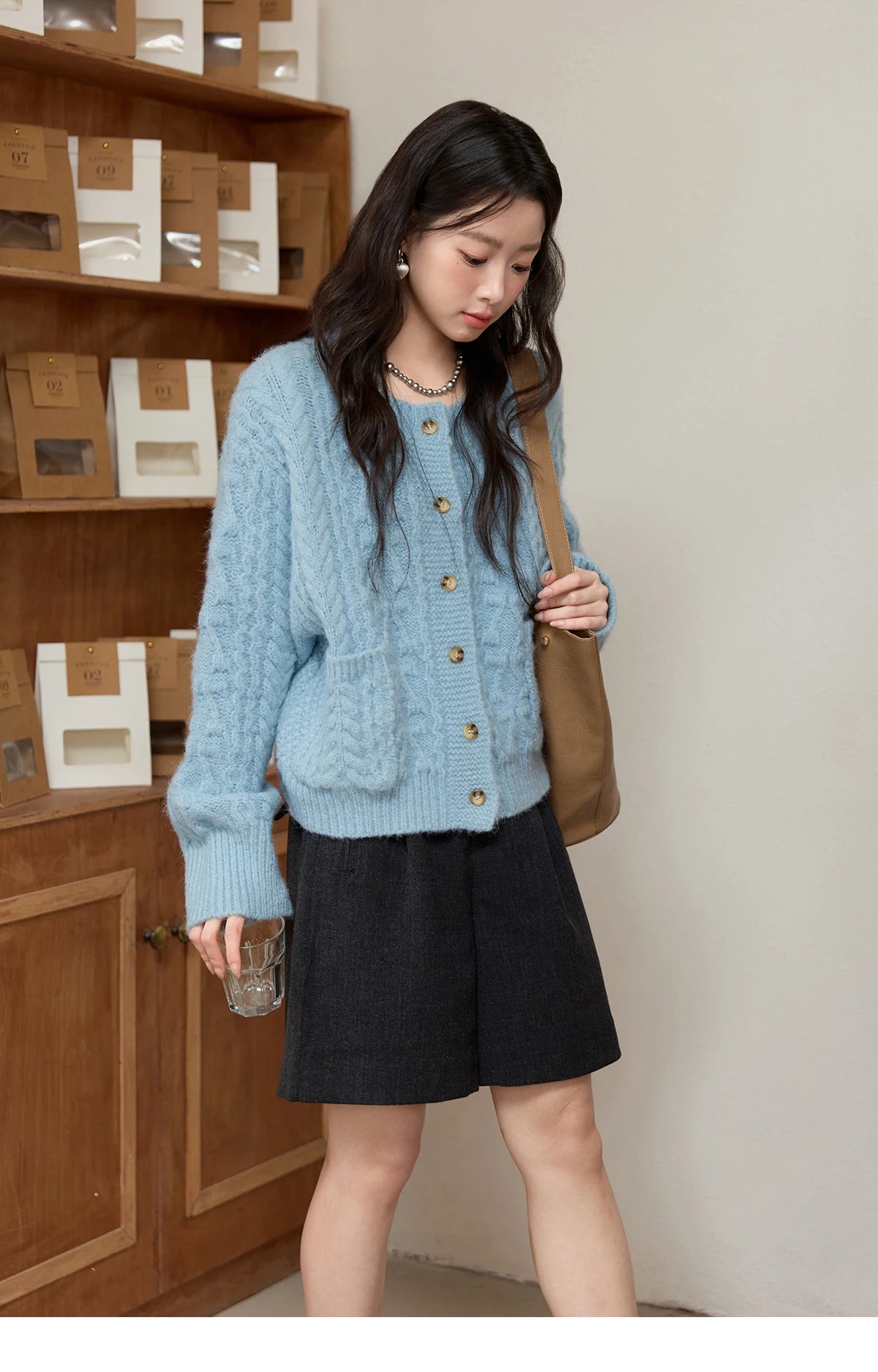 Mishow Light Blue Retro Crew Neck Pocket Cardigan MXE49Z2614
