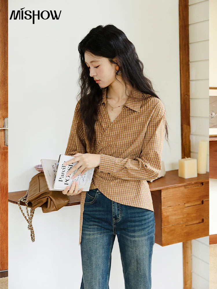 MISHOW Dark Orange Plaid Shirt Side Waist Lace-Up MXE46X2494