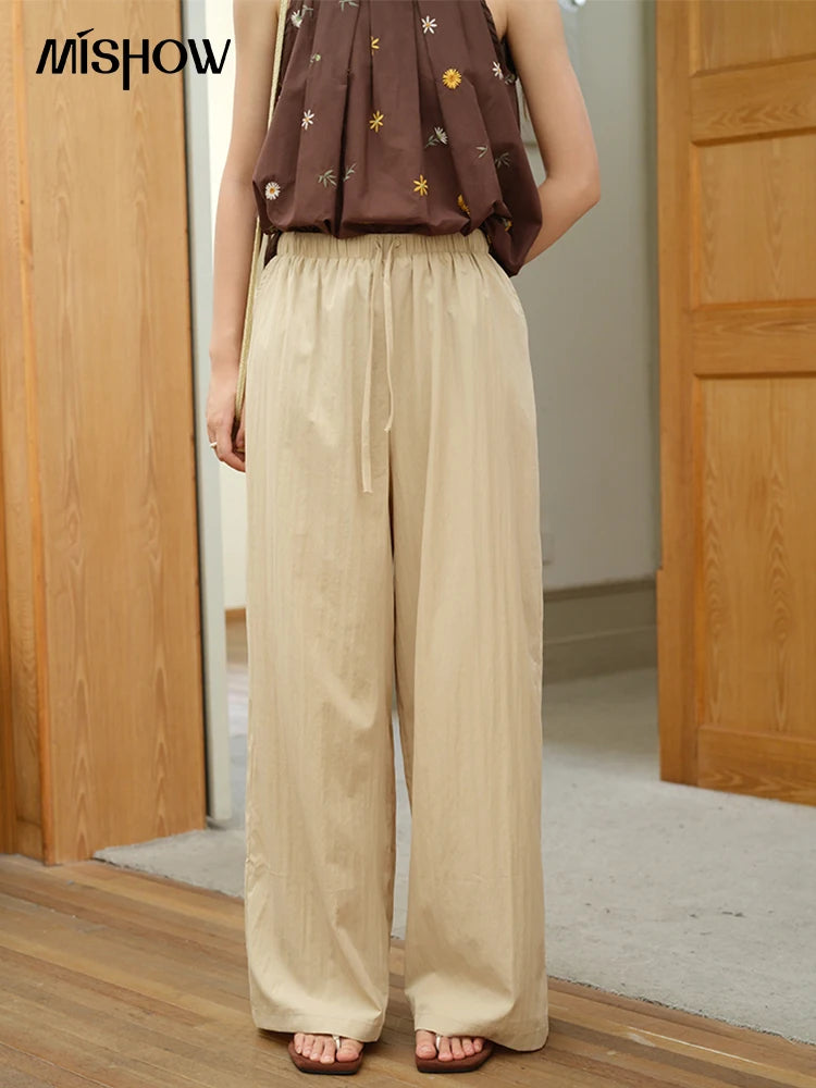 Mishow Embroidery Hanging Neck Sleeveless Top & Khaki Wide Leg Pants Set MXE39T0713