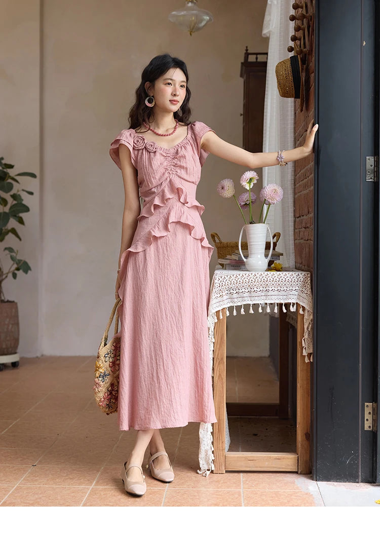 Mishow Flower Flying Sleeve V-Neck Pink Dress MXE34L2243